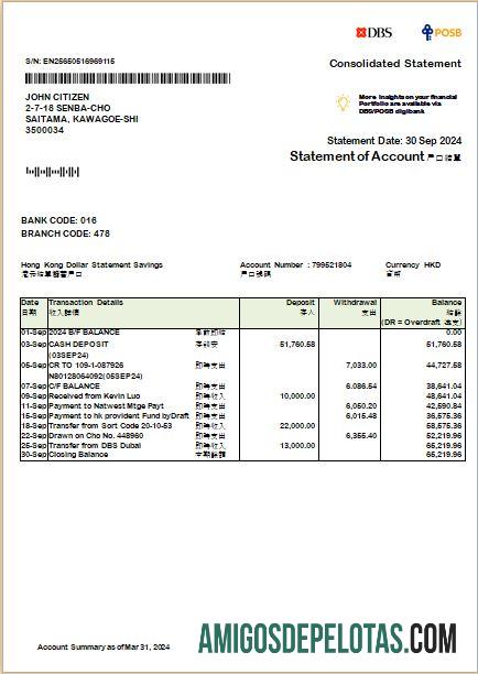 Demonstração consolidada realista do Hong Kong DBS Bank Word e PDF modelo Scr
